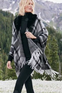 Demetria Plaid Poncho with Fur Collar